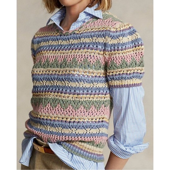 Polo Ralph Lauren Pointelle Striped Puff Sleeve Crochet Spring Sweater - Picture 1 of 8